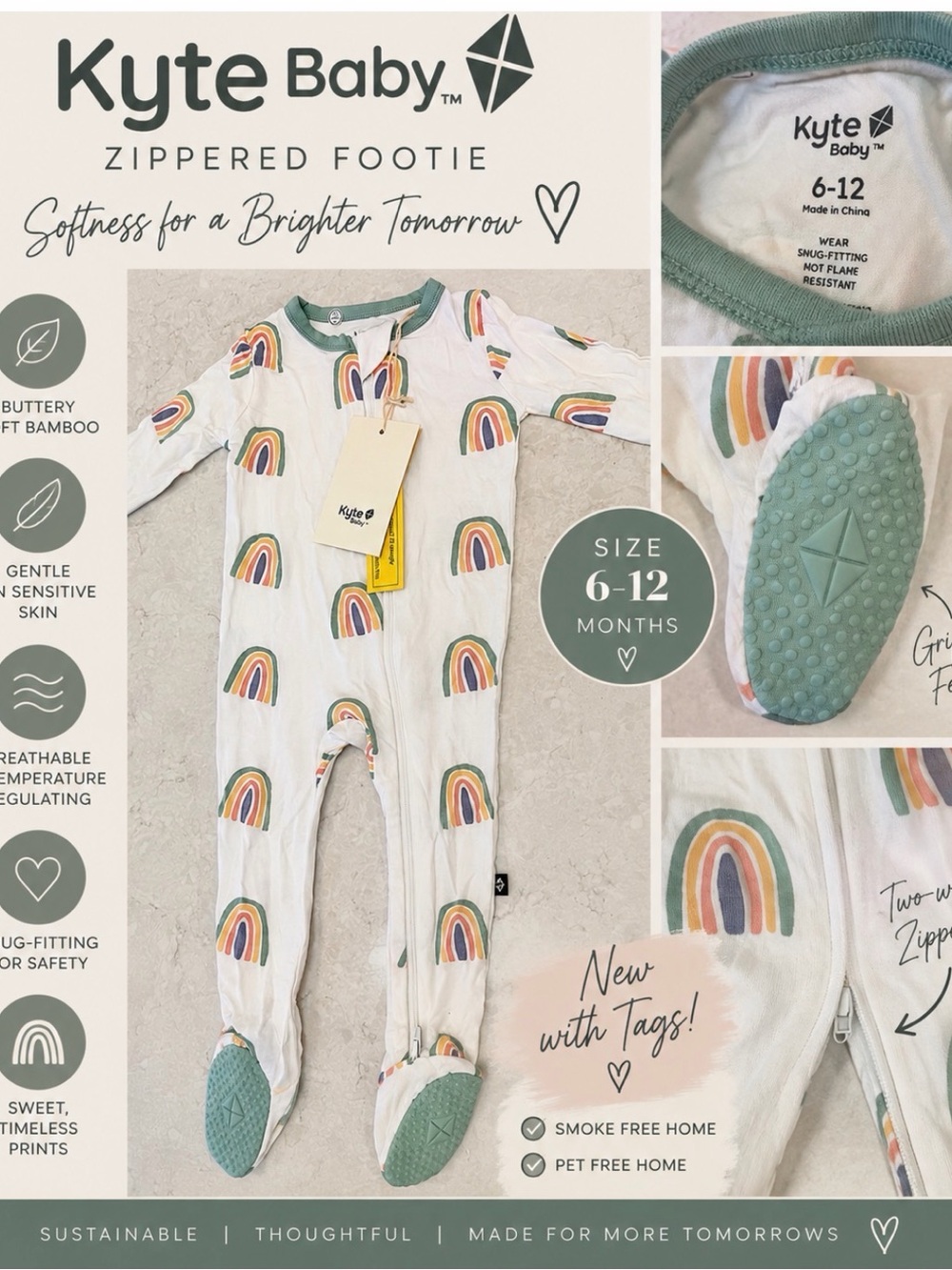🌈 Kyte Baby Zippered Footie – Rainbow Print | 6–12M | NWT